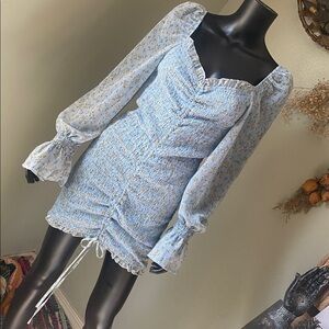 Hey Babe Light Blue Floral Sheer Sleeve Ruched Tie Dress